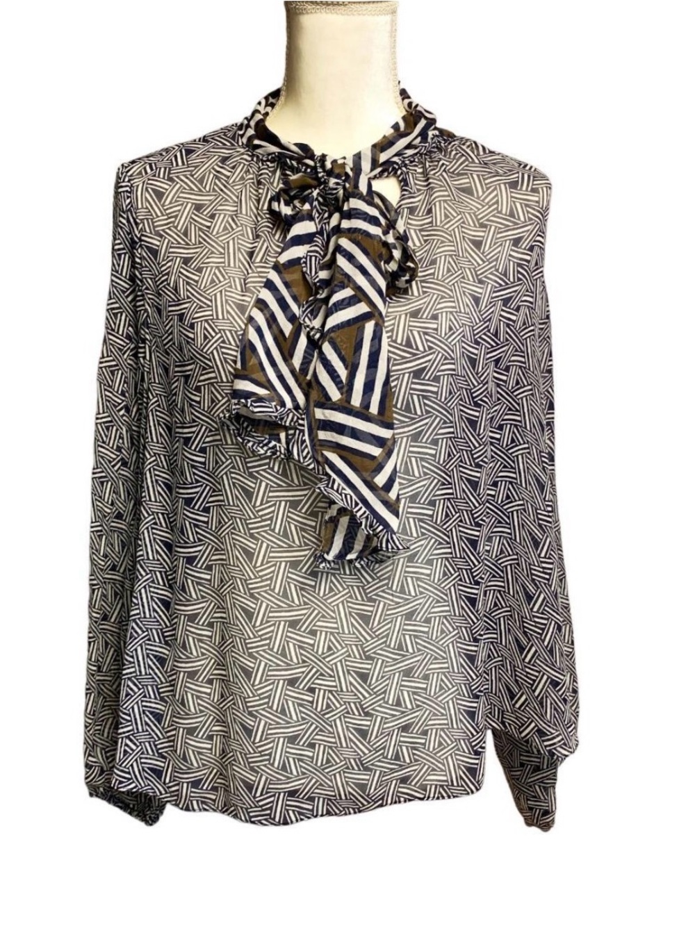 Diane Von Furstenberg Navy, White & Brown Geometric Tie-Neck Blouse